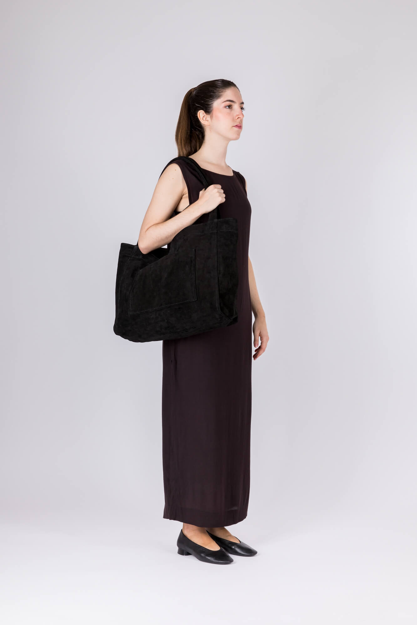 Suede Leather Maxi Tote Black