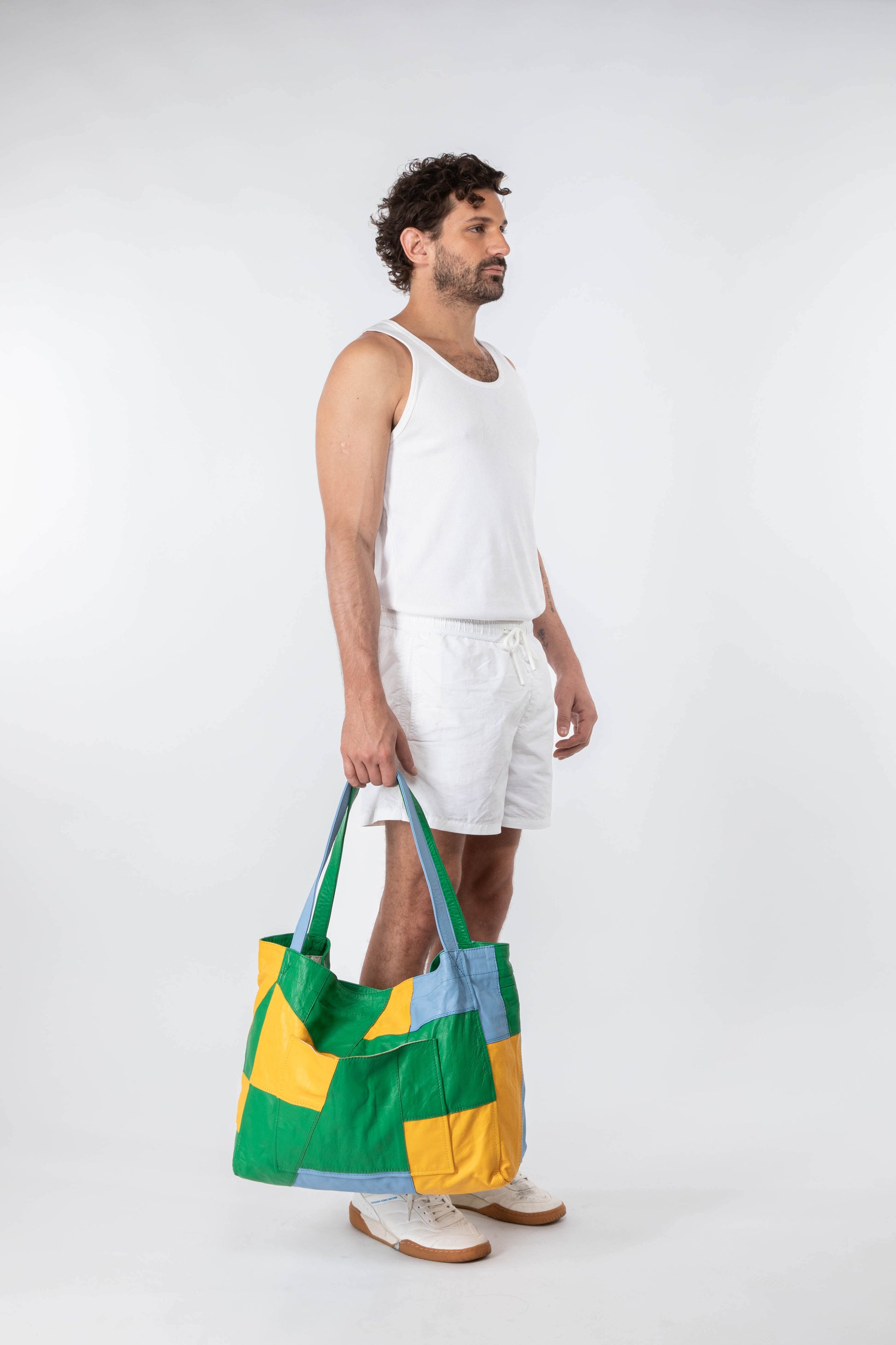 Up-cycled Patchwork Soft Leather Maxi Tote Green / Yellow / Blue