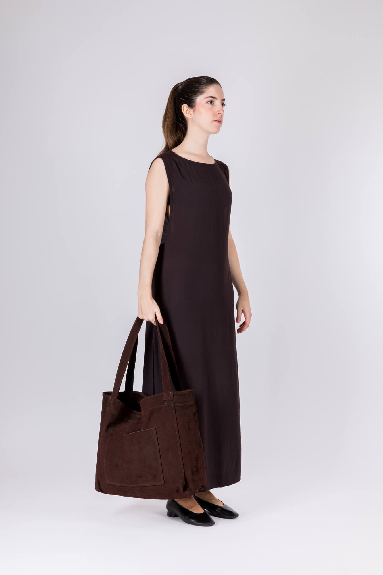 Suede Leather Maxi Tote Chestnut