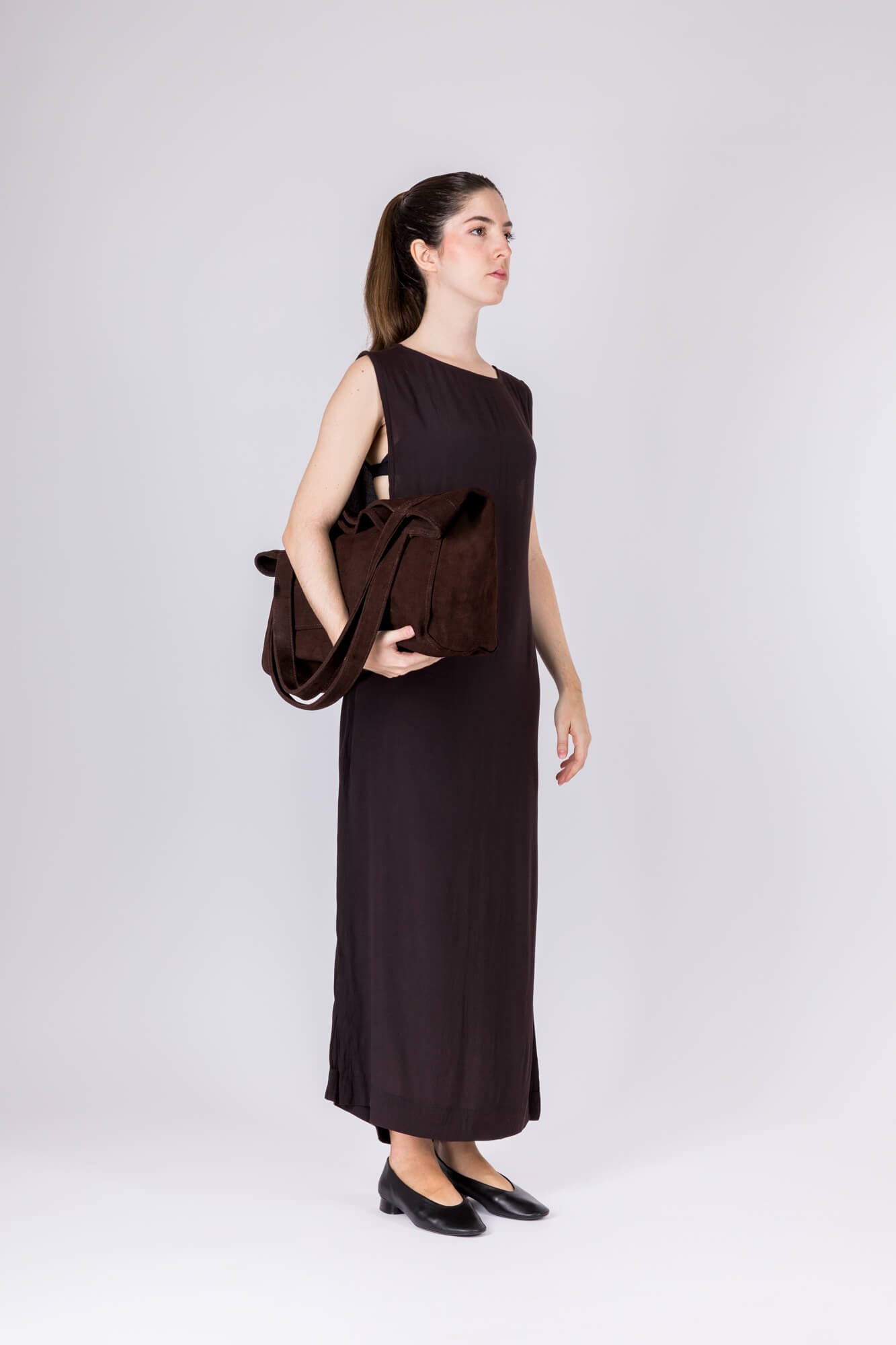 Suede Leather Maxi Tote Chestnut