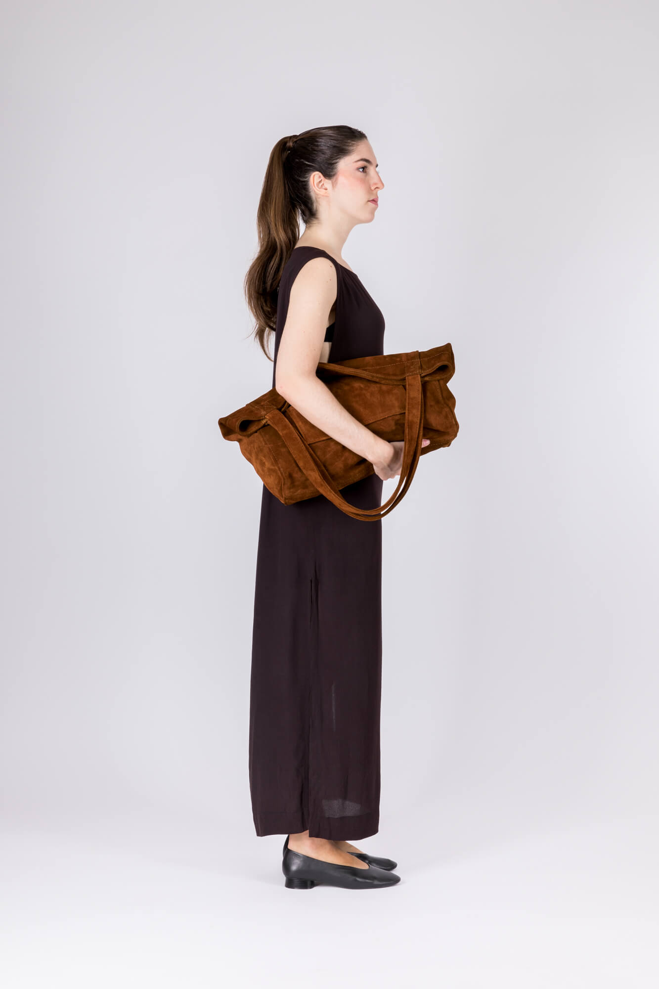 Suede Leather Maxi Tote Cognac