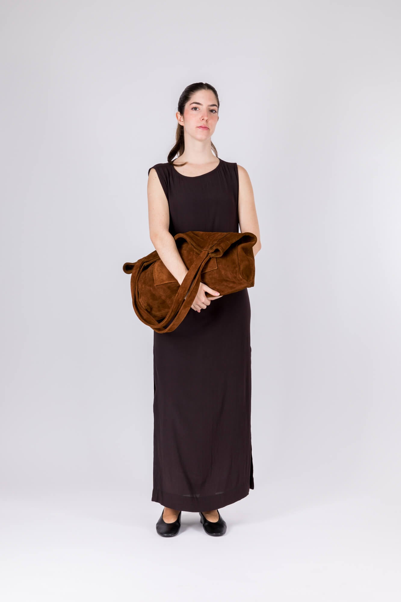 Suede Leather Maxi Tote Cognac