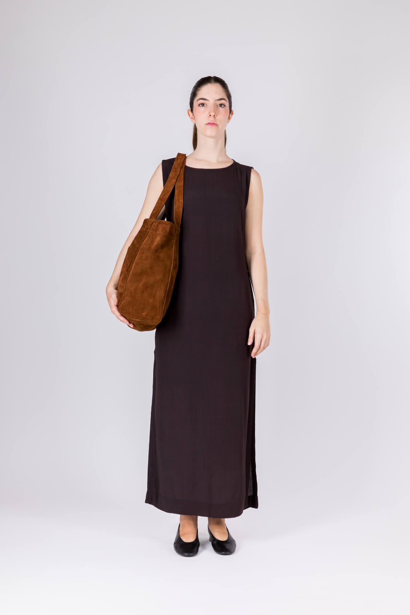 Suede Leather Maxi Tote Cognac