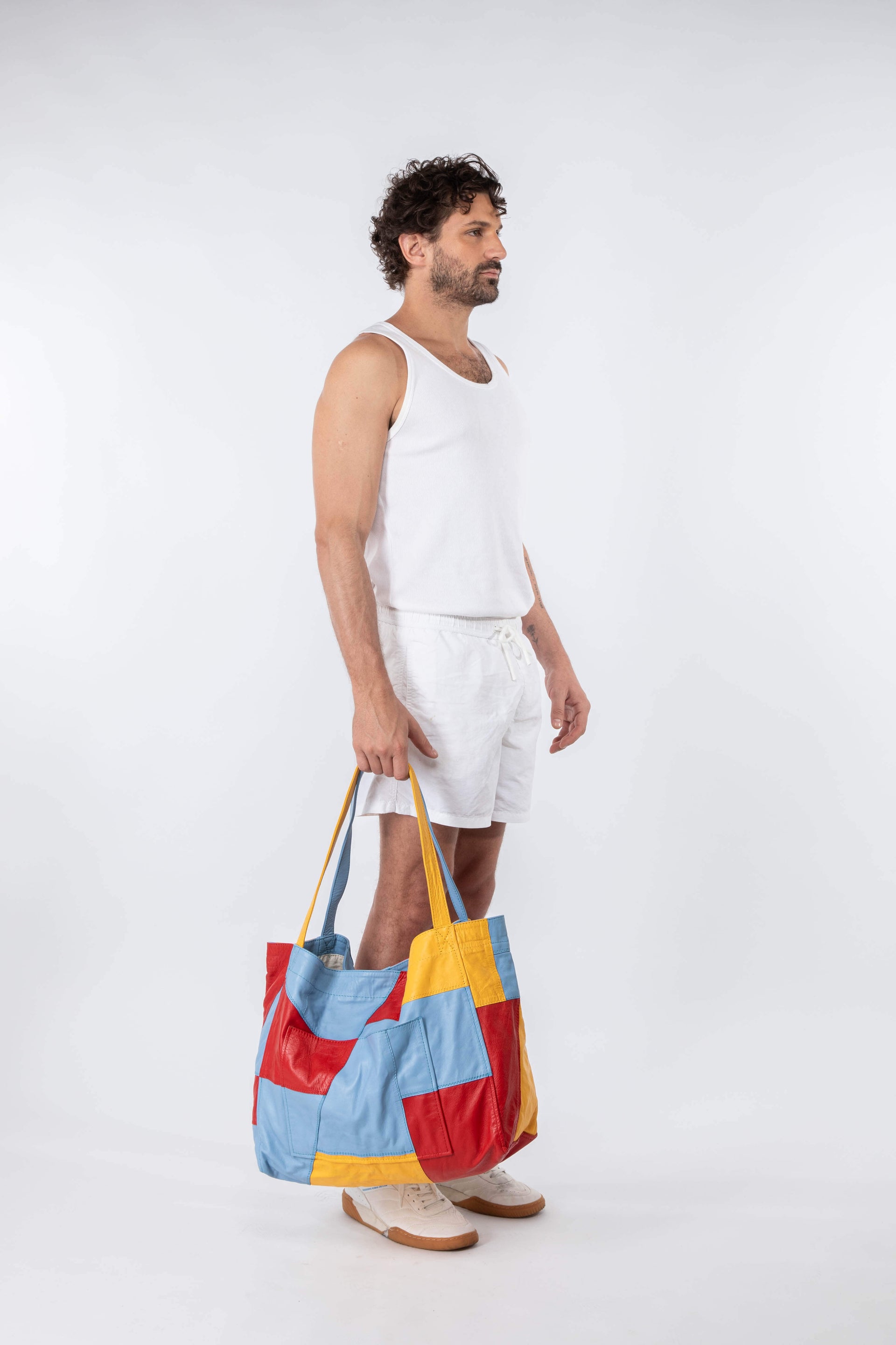 Up-cycled Patchwork Soft Leather Maxi Tote Blue / Red / Yellow