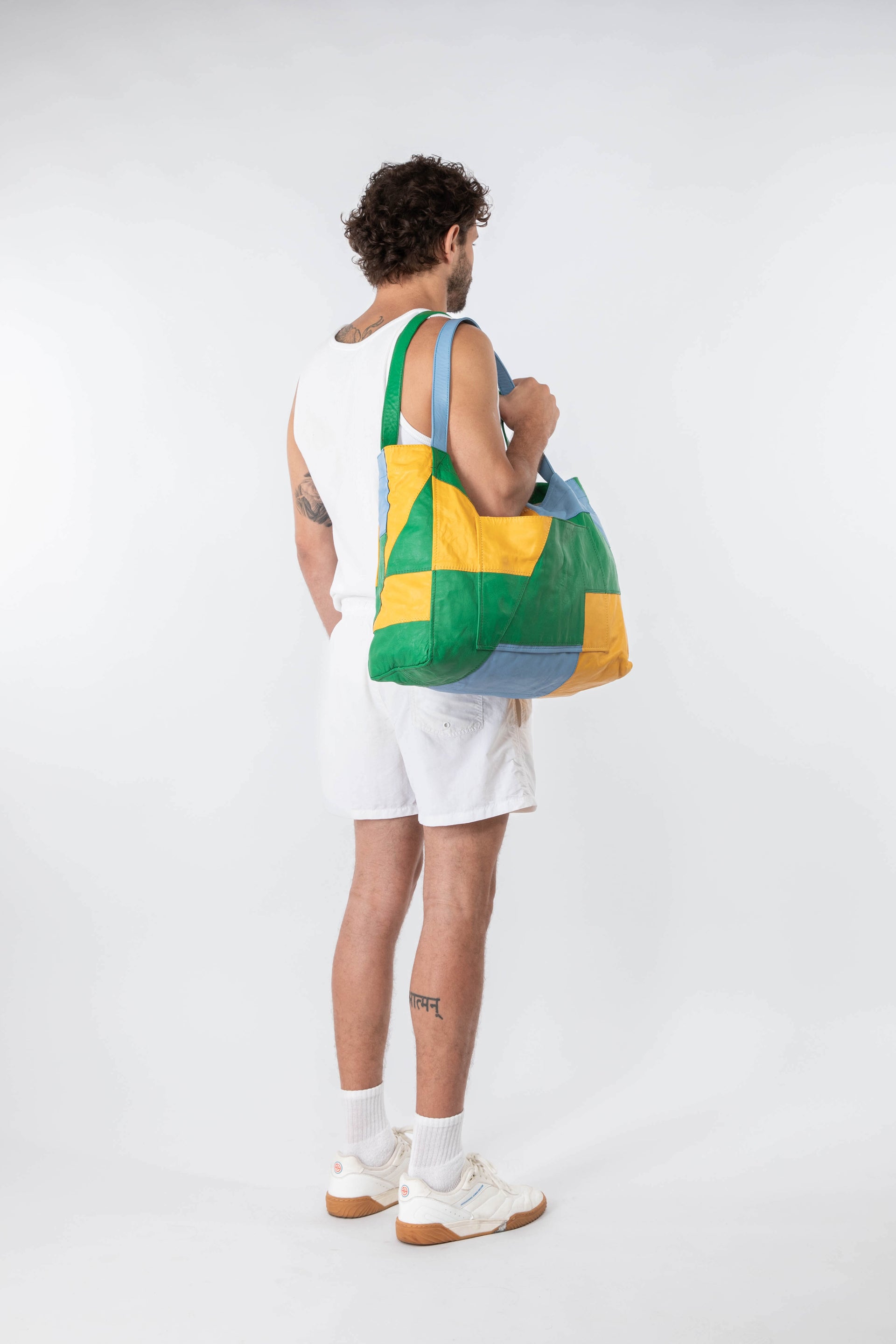 Up-cycled Patchwork Soft Leather Maxi Tote Green / Yellow / Blue