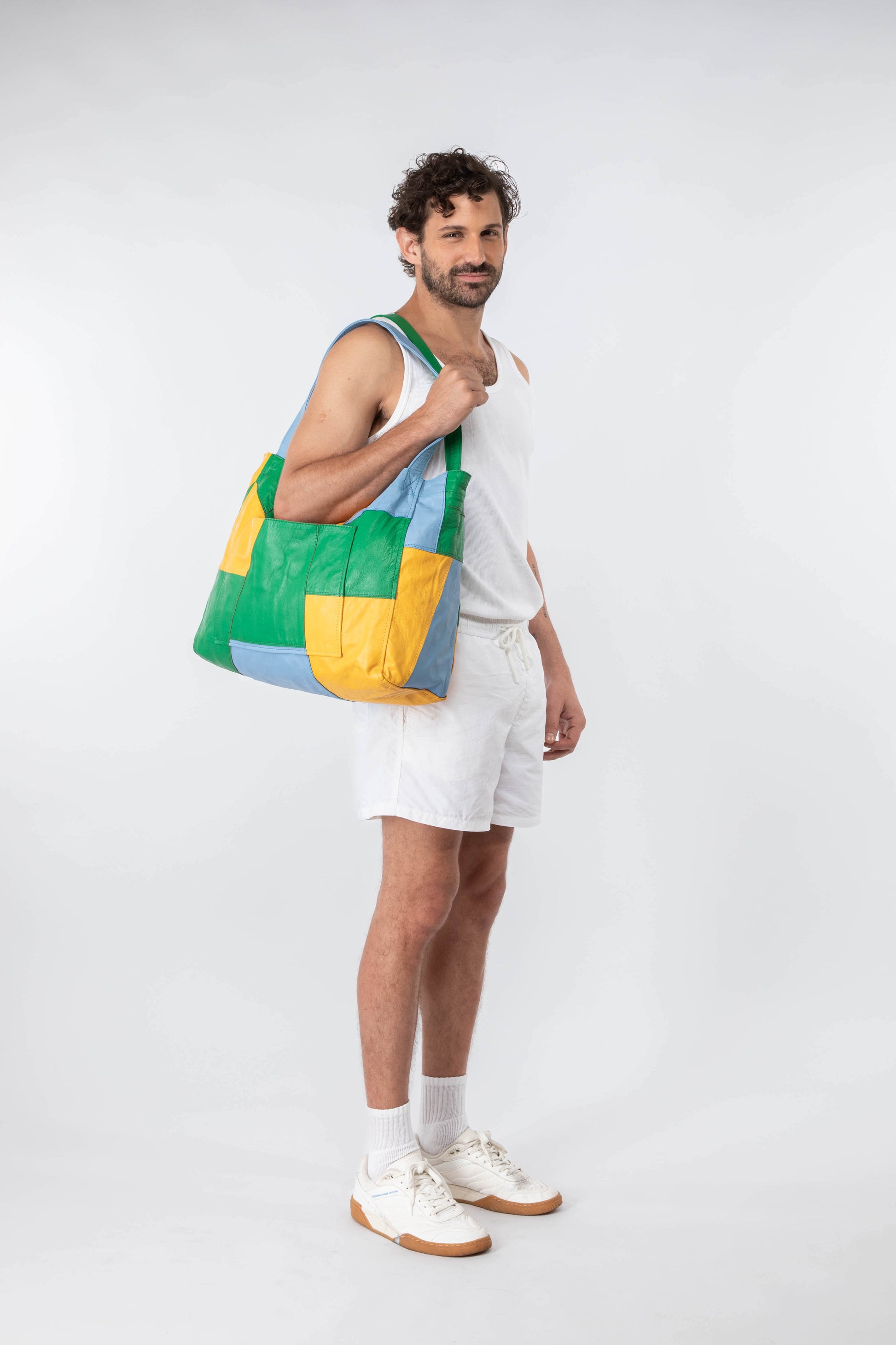 Up-cycled Patchwork Soft Leather Maxi Tote Green / Yellow / Blue