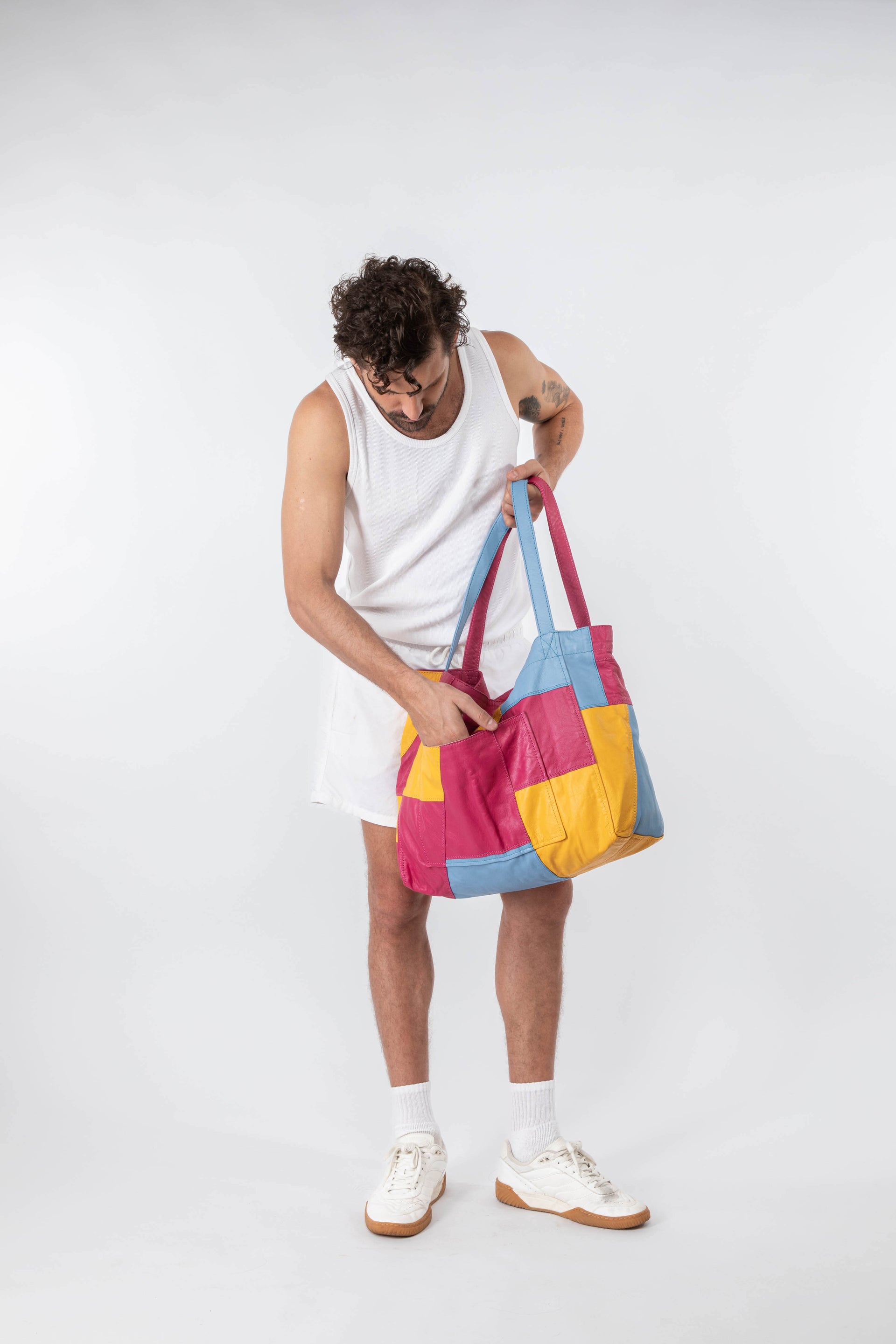 Up-cycled Patchwork Soft Leather Maxi Tote Pink / Yellow / Blue