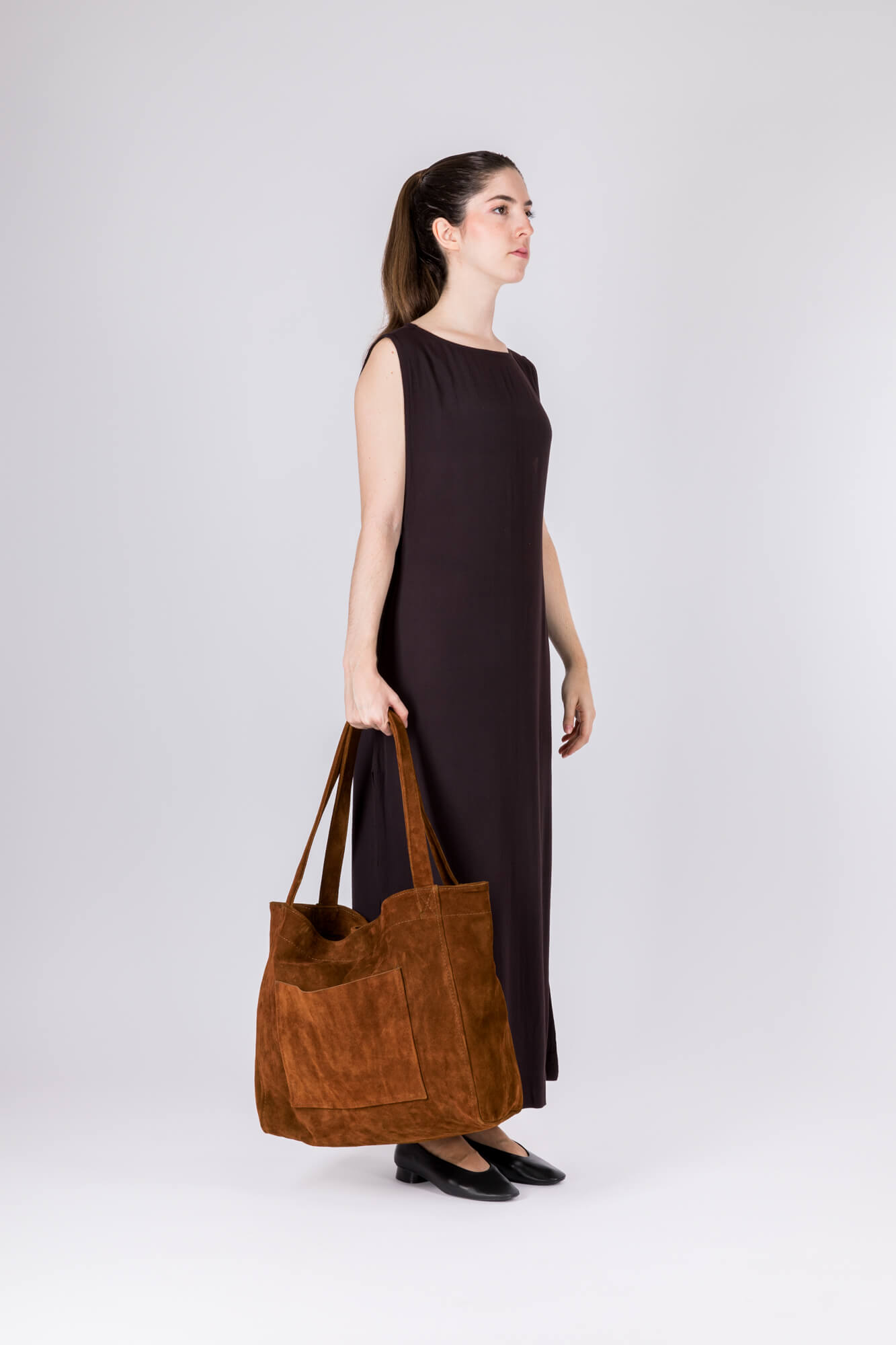 Suede Leather Maxi Tote Cognac