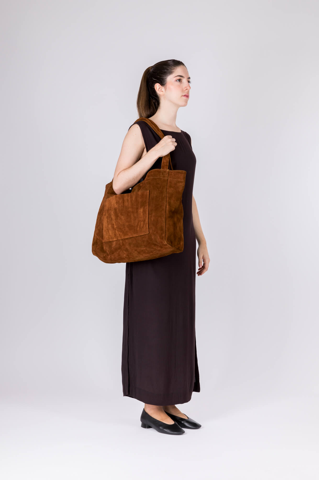 Suede Leather Maxi Tote Cognac