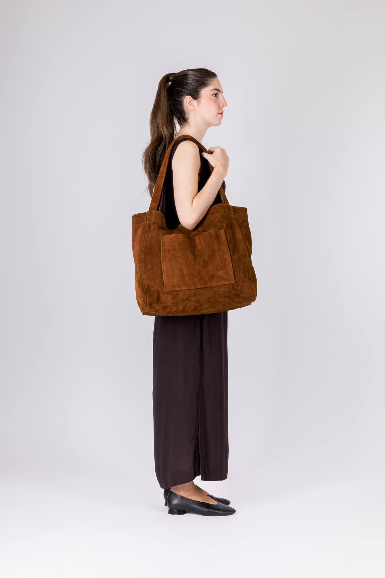 Suede Leather Maxi Tote Cognac