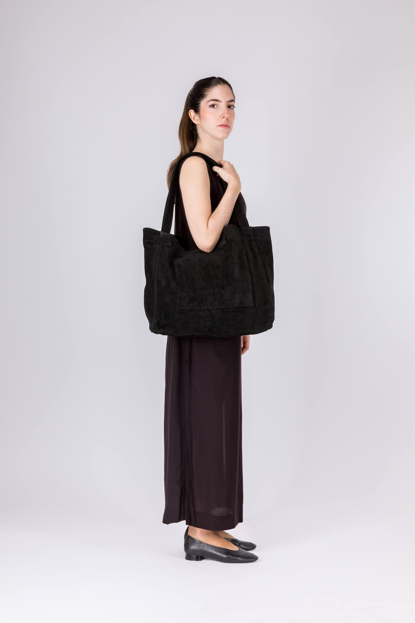 Suede Leather Maxi Tote Black