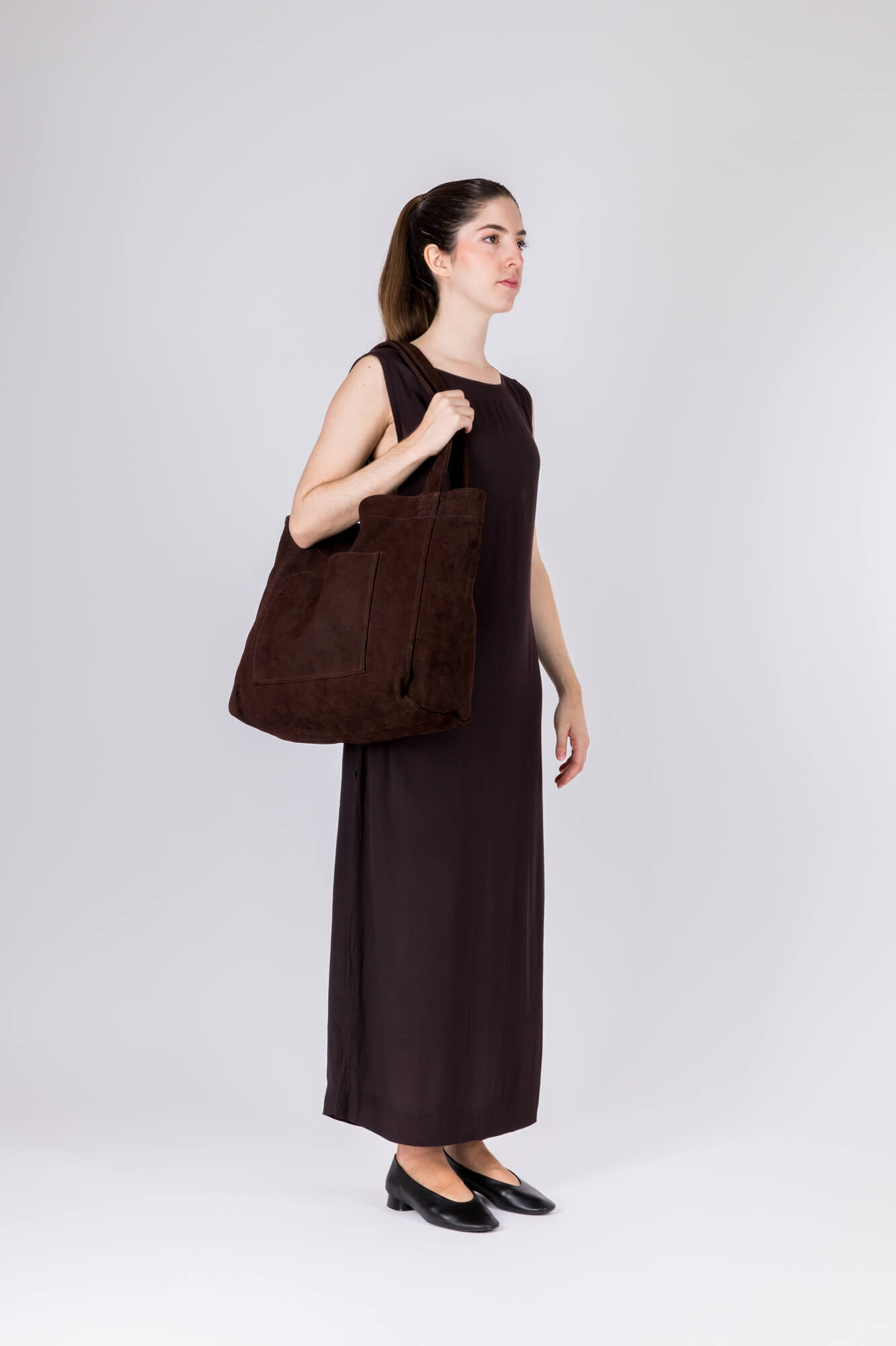 Suede Leather Maxi Tote Chestnut