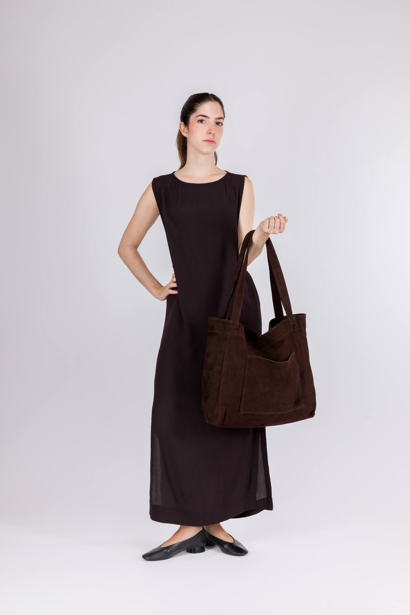 Suede Leather Maxi Tote Chestnut