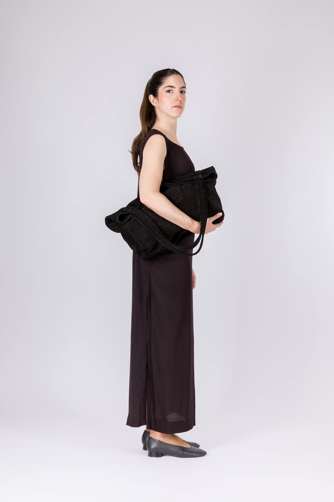 Suede Leather Maxi Tote Black