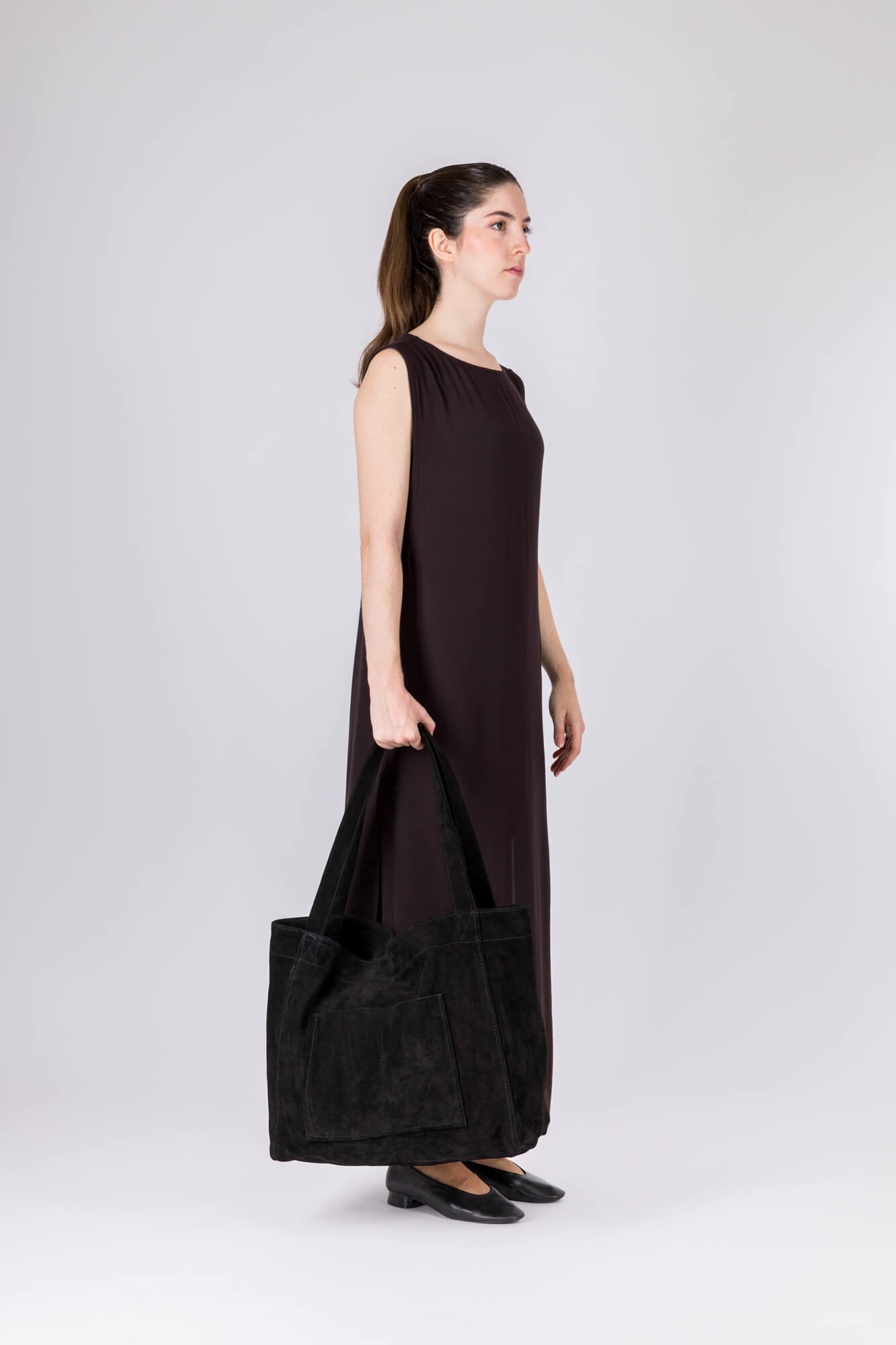 Suede Leather Maxi Tote Black