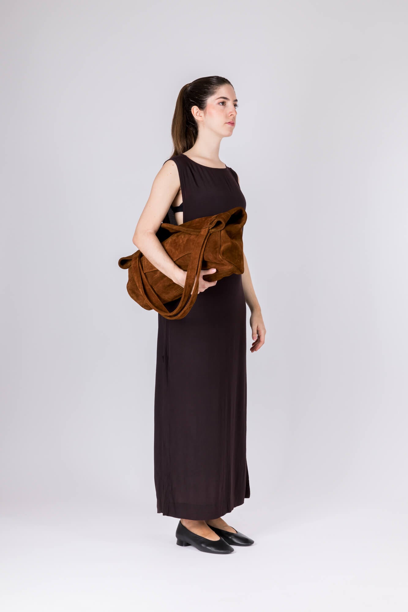 Suede Leather Maxi Tote Cognac