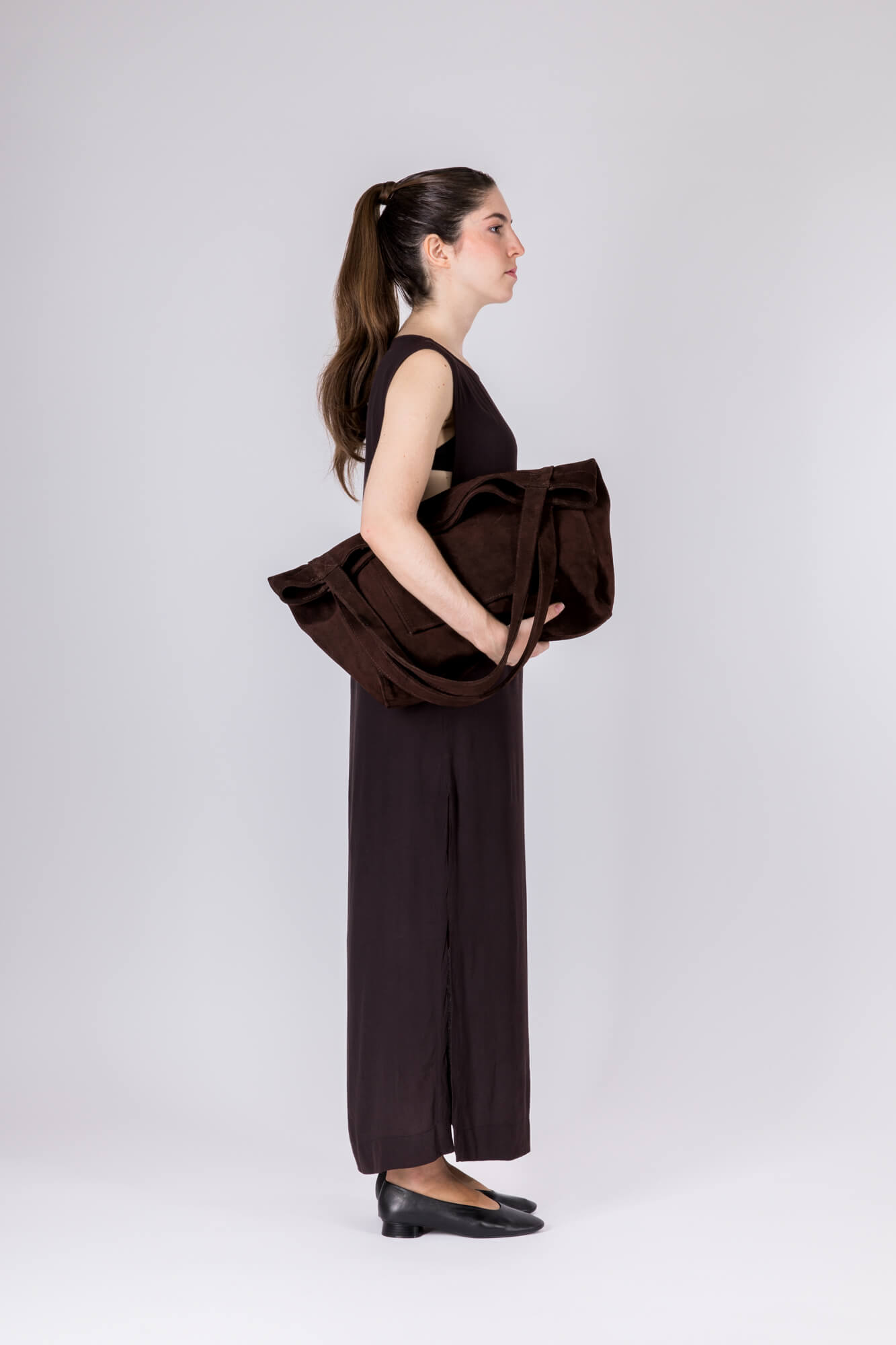 Suede Leather Maxi Tote Chestnut