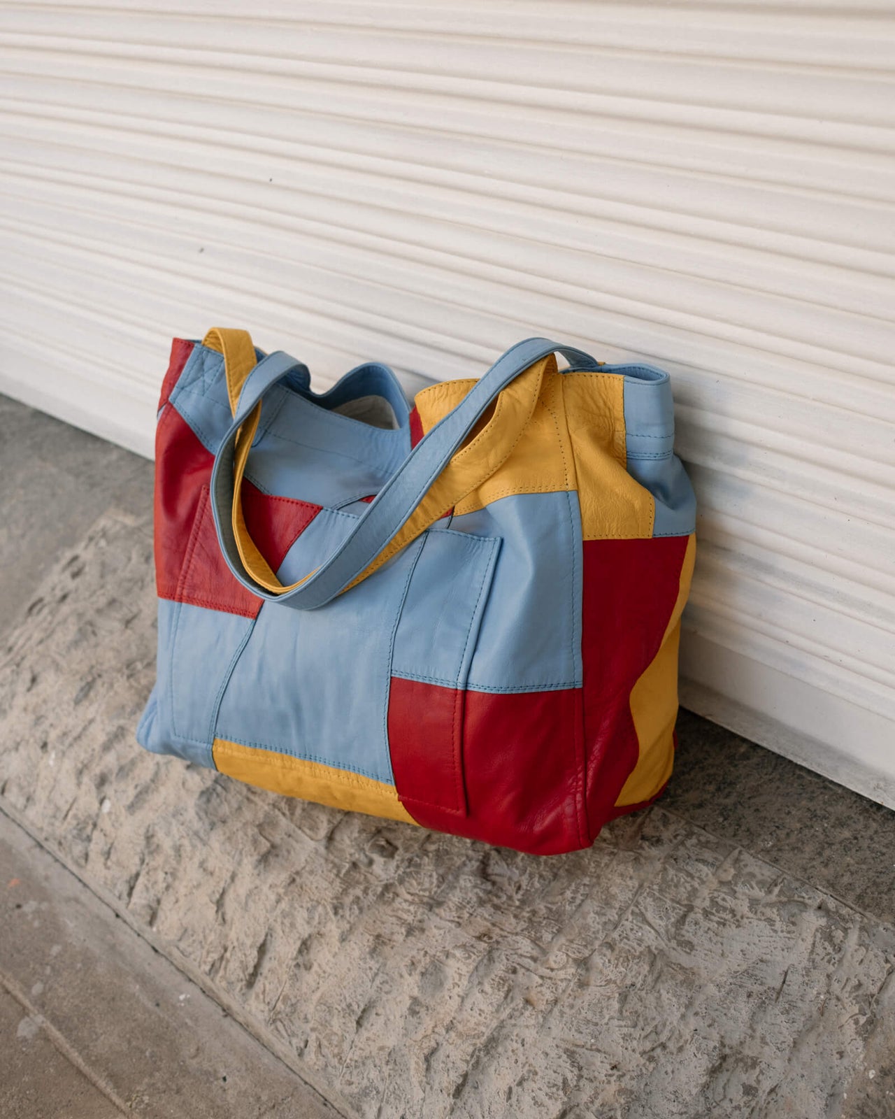 Up-cycled Patchwork Soft Leather Maxi Tote Blue / Red / Yellow