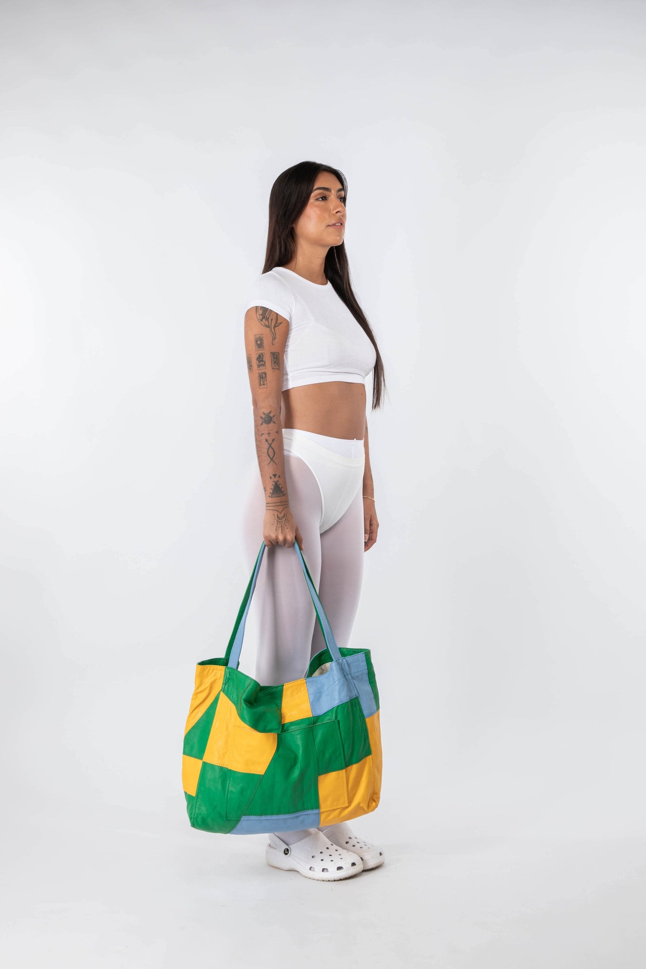 Up-cycled Patchwork Soft Leather Maxi Tote Green / Yellow / Blue
