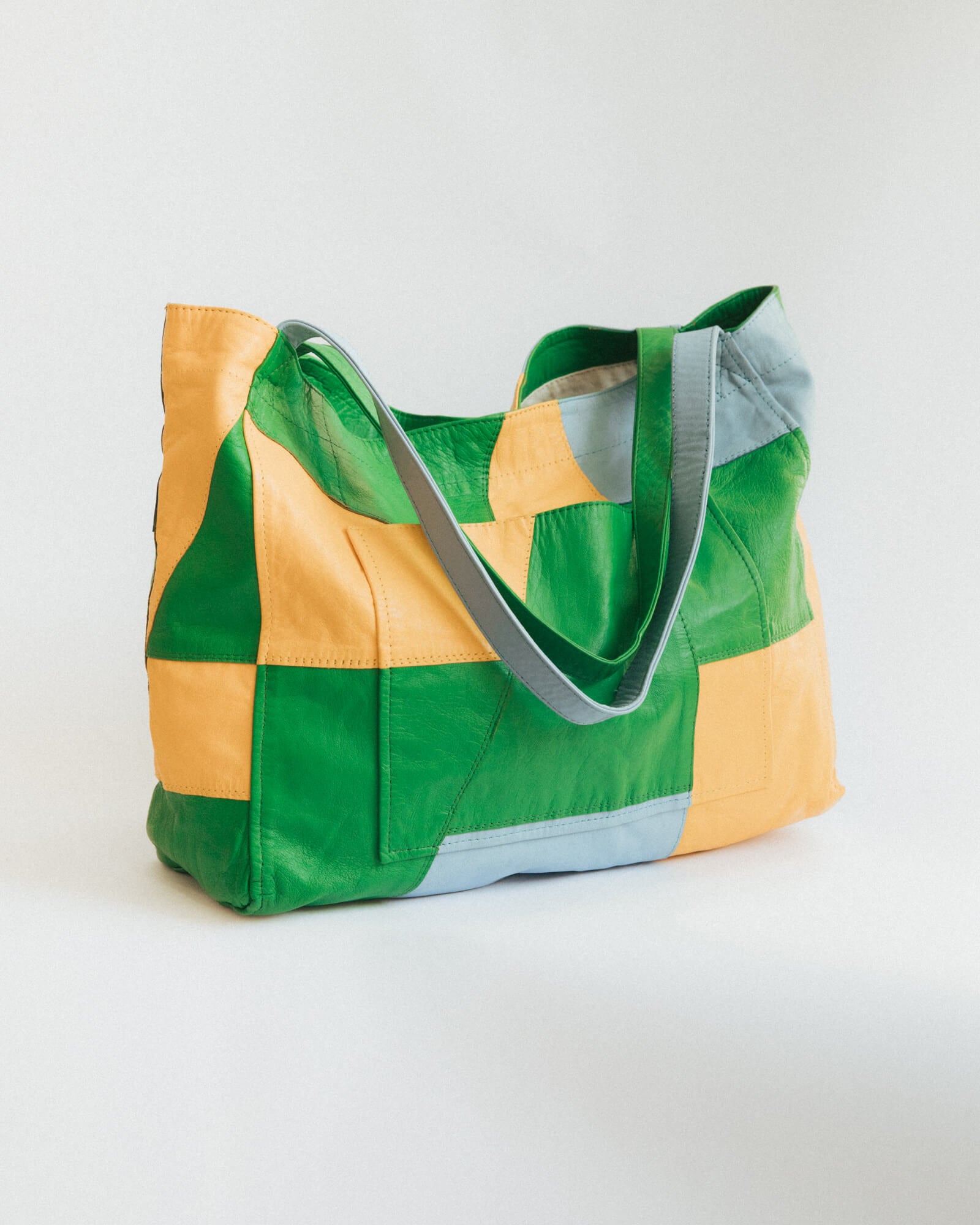 Up-cycled Patchwork Soft Leather Maxi Tote Green / Yellow / Blue