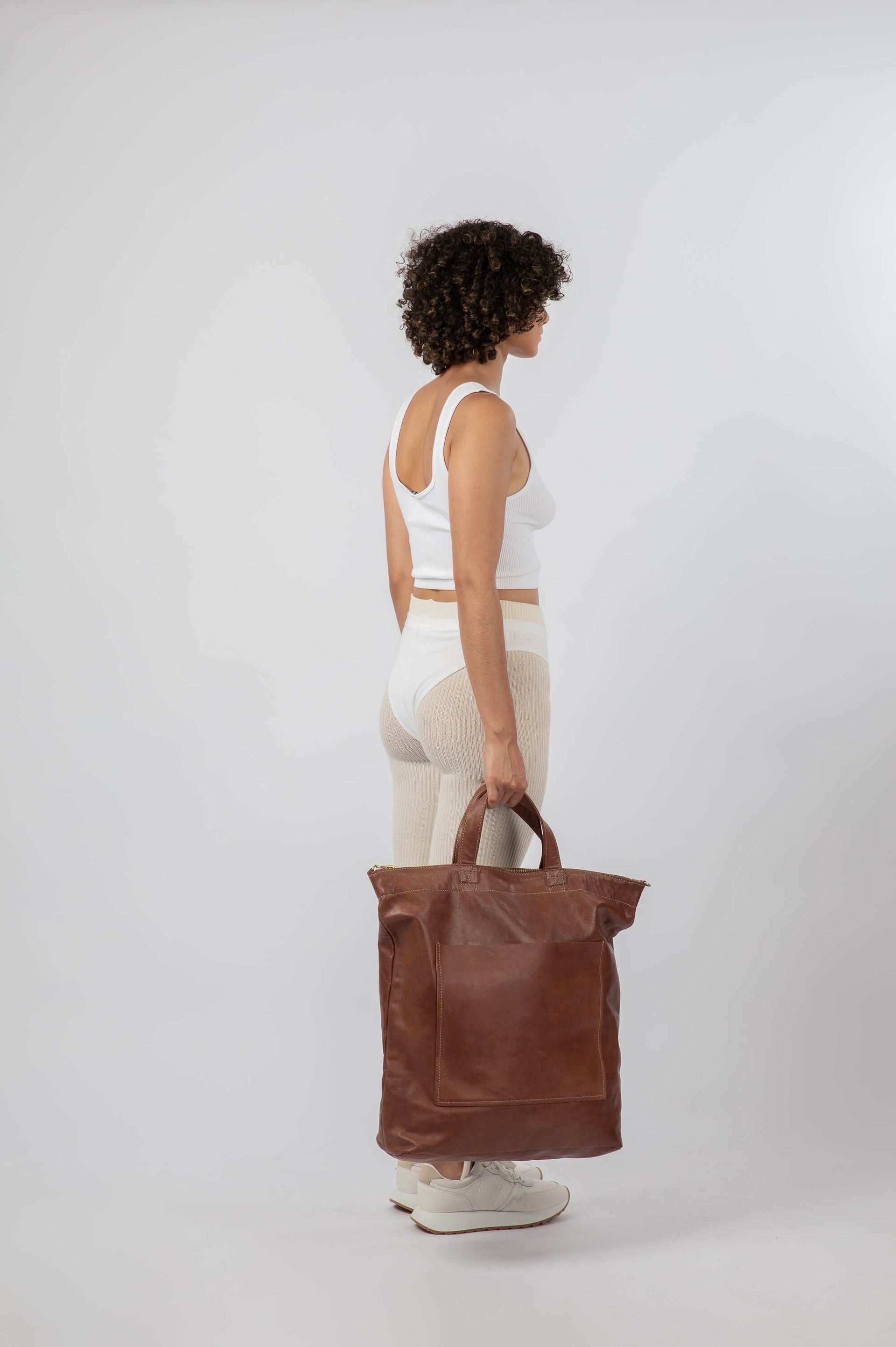 Overnight Soft Leather Tote with Zipper Chestnut