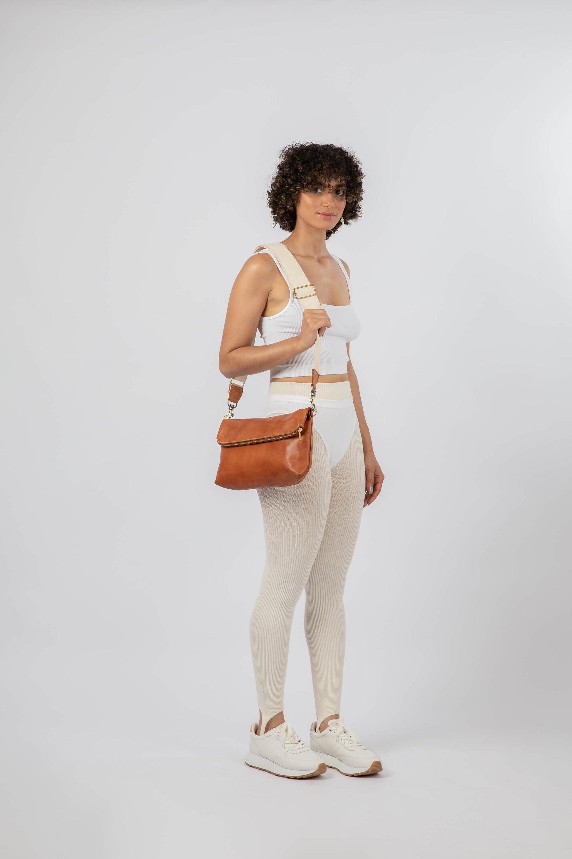 Webbed Cotton Shoulder Strap Off-White and Cognac