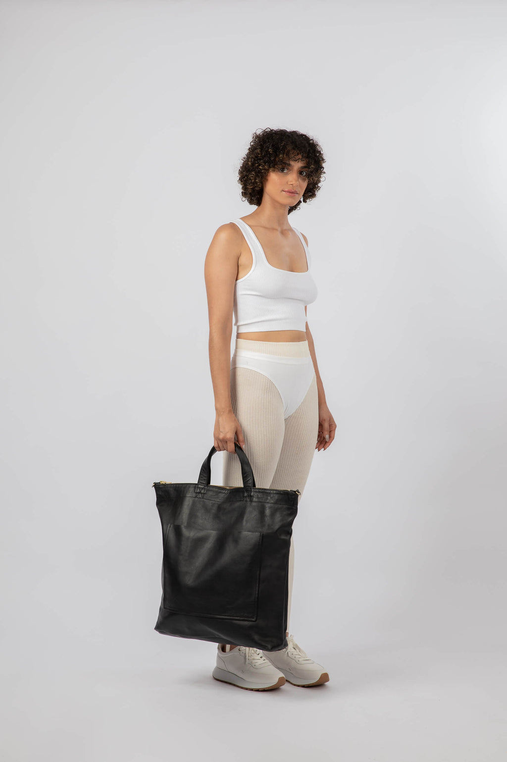 Overnight Soft Leather Tote with Zipper Black