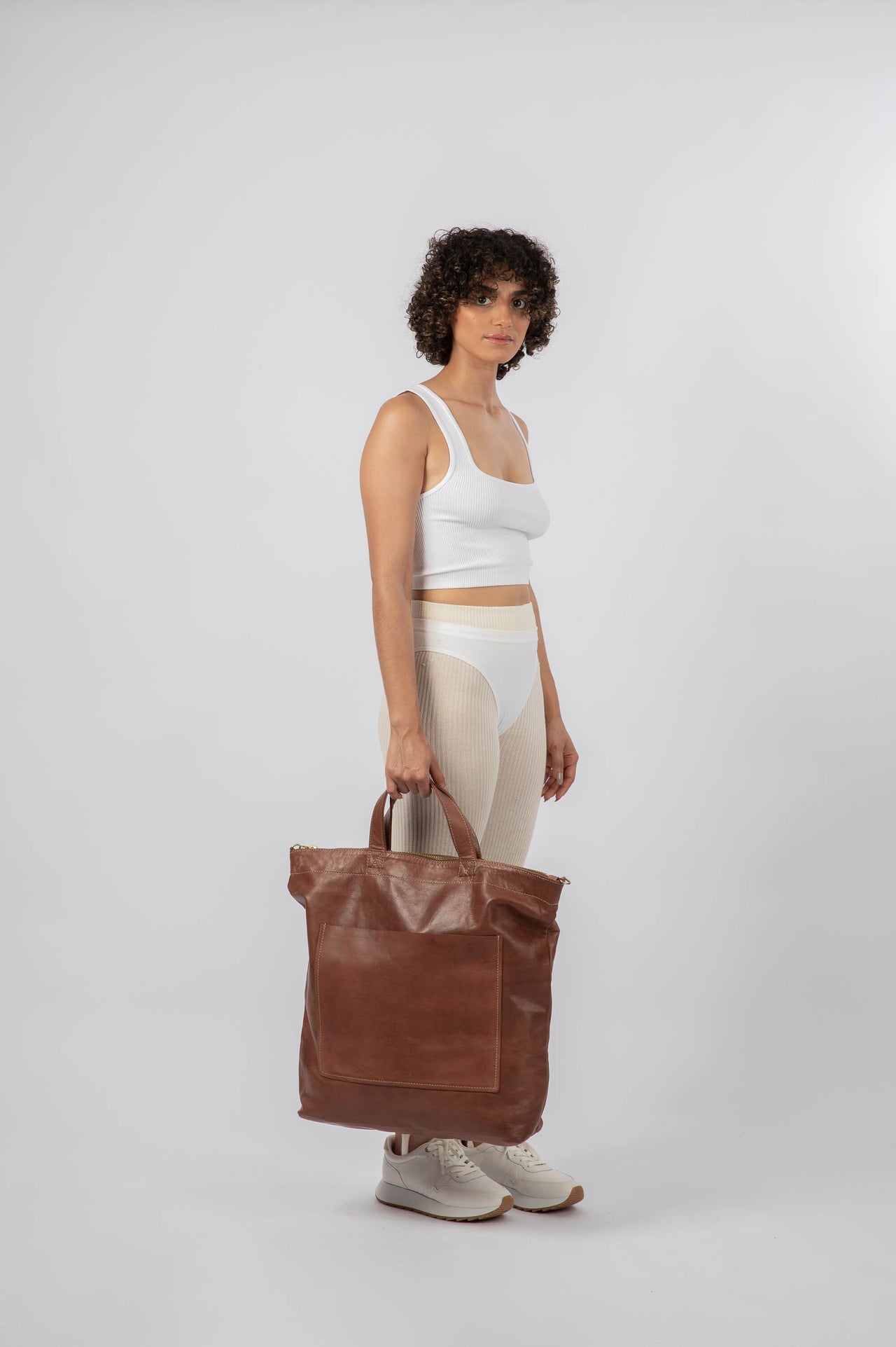 Overnight Soft Leather Tote with Zipper Chestnut